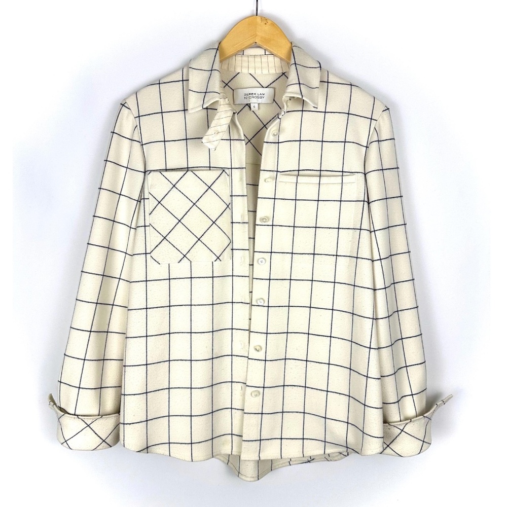 Derek Lam 10 Crosby Plaid Shirt Jacket in Beige • Navy Blue Grid Check • M